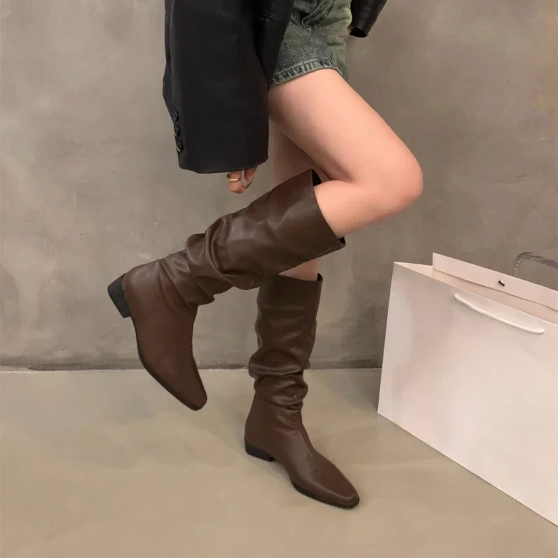 Coarse heeled wrinkled pile long knight boots women's shoes 2025 new spring and autumn western slim mid length boots