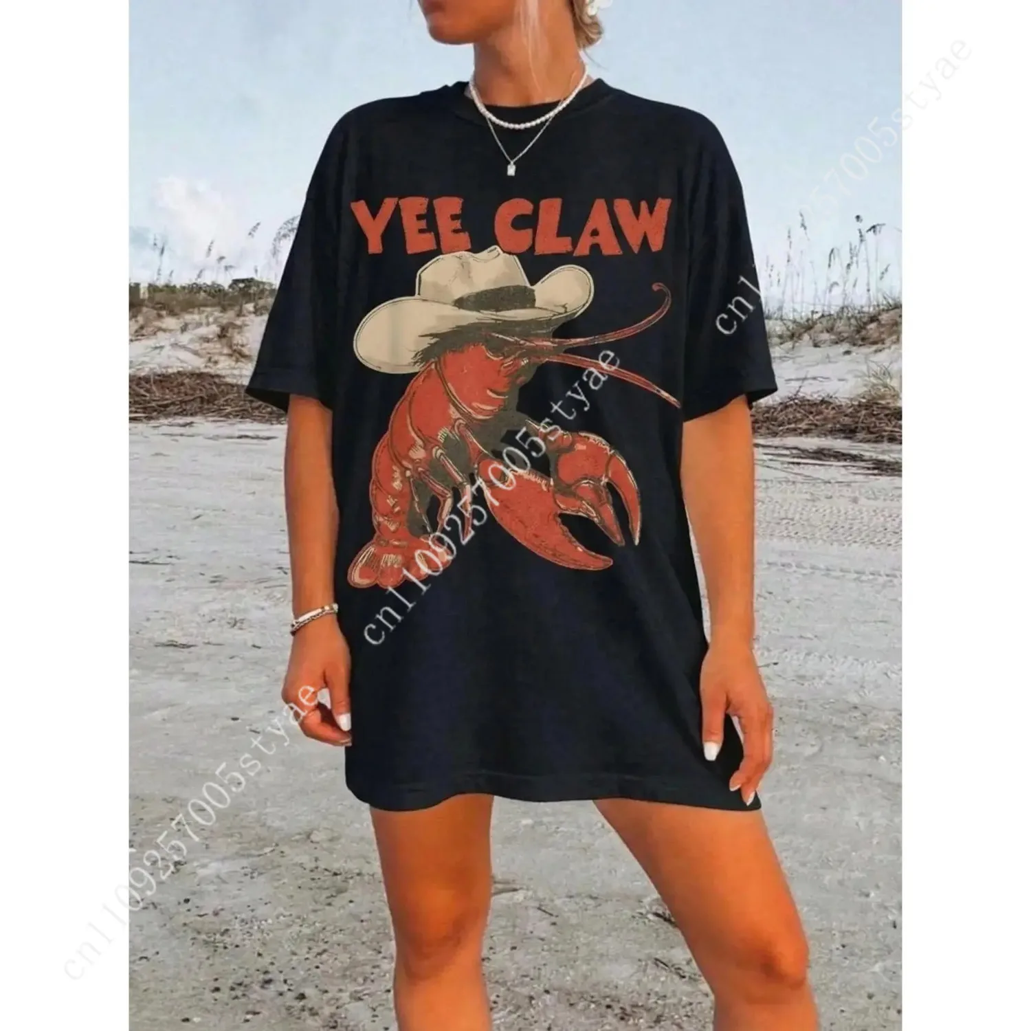 Cowboy Crawfish Vintage Oversized Graphic T-Shirt Beachwear Summer Vacation Western Style Funny Lobster Tee Casual Streetwear Co