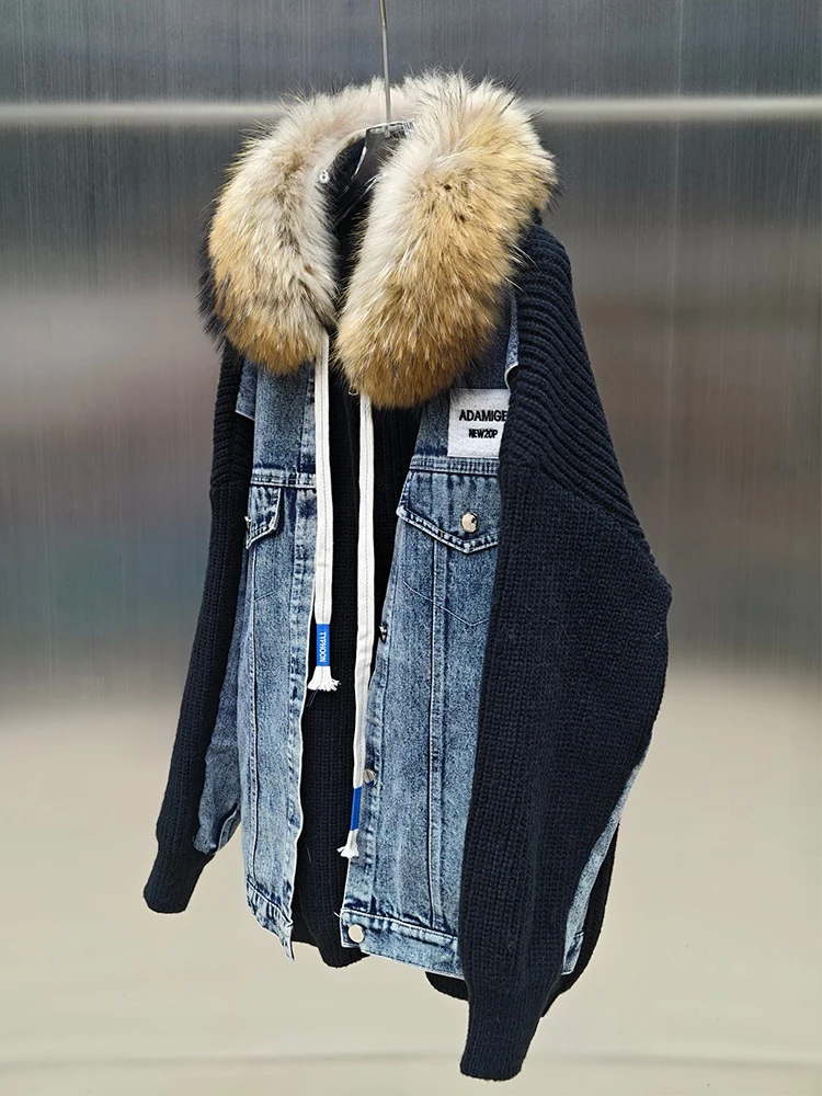 2025 Women Autumn Luxury Real Raccoon Fur Collar Hoodie Knitting Thick Denim Cloth Sweater Hooded Coat