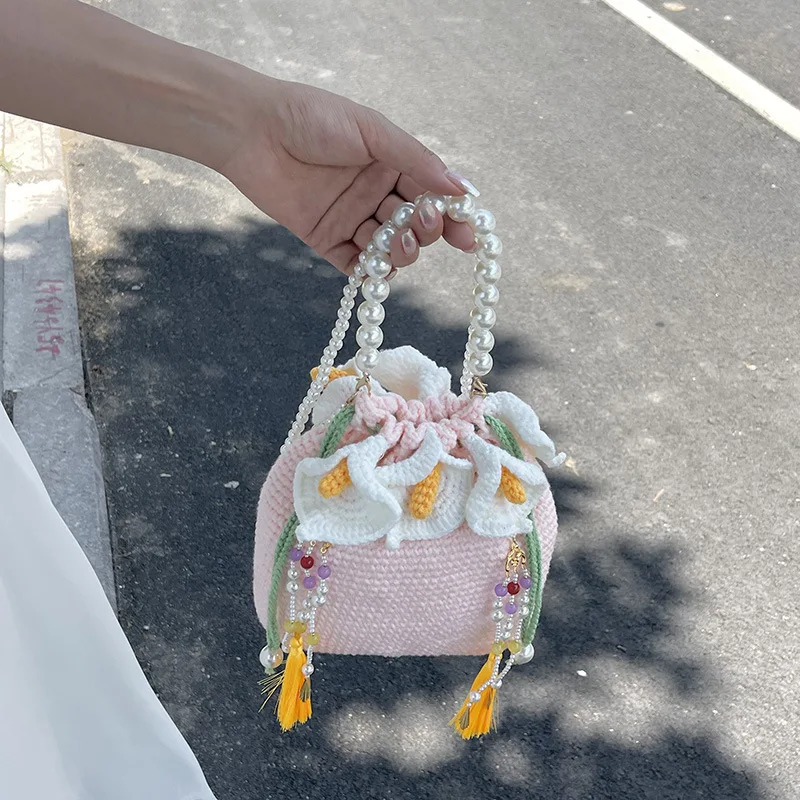 Handmade Crochet Drawstring Crossbody Bag Floral Tassel Knitted Mini Purse Faux Pearl Strap Women Shoulder Storage Pouch