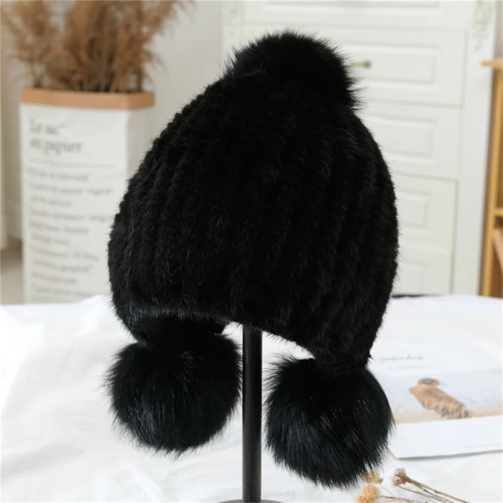 New fashion Genuine natural women\'s knitted Mink Fur Hat Winter Womens Mink Fur Hats hand made knit Fluffy Ladies Fur Beanie