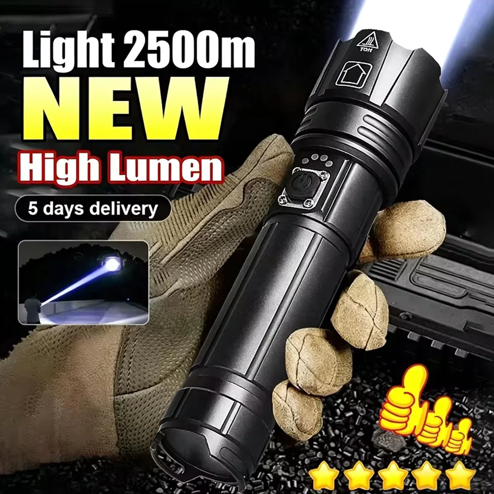 High-power strong light LED flashlight zoomable USB rechargeable with and ultra-bright long-range Aluminium alloy outdoor torch
