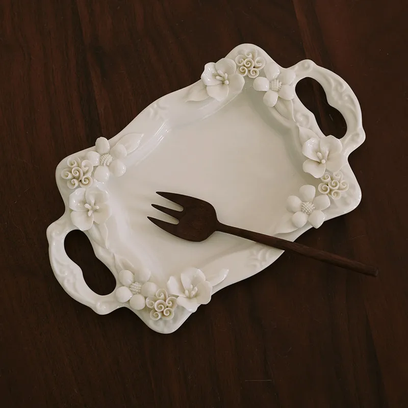 Vintage European Ceramic Floral Double Ear Small Platter Breakfast Snack Dish Exquisite Beautiful Handmade Grade A