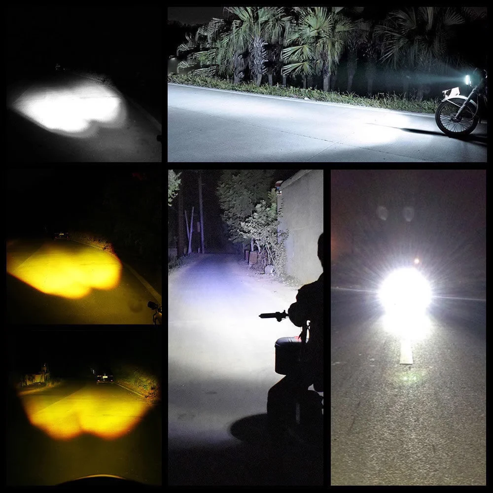 2PCS Motorcycle Headlight Owl Design Dual Color White Yellow High Low Beam Spotlights Strobe 4 Modes Running Lamps Fog Light 12V