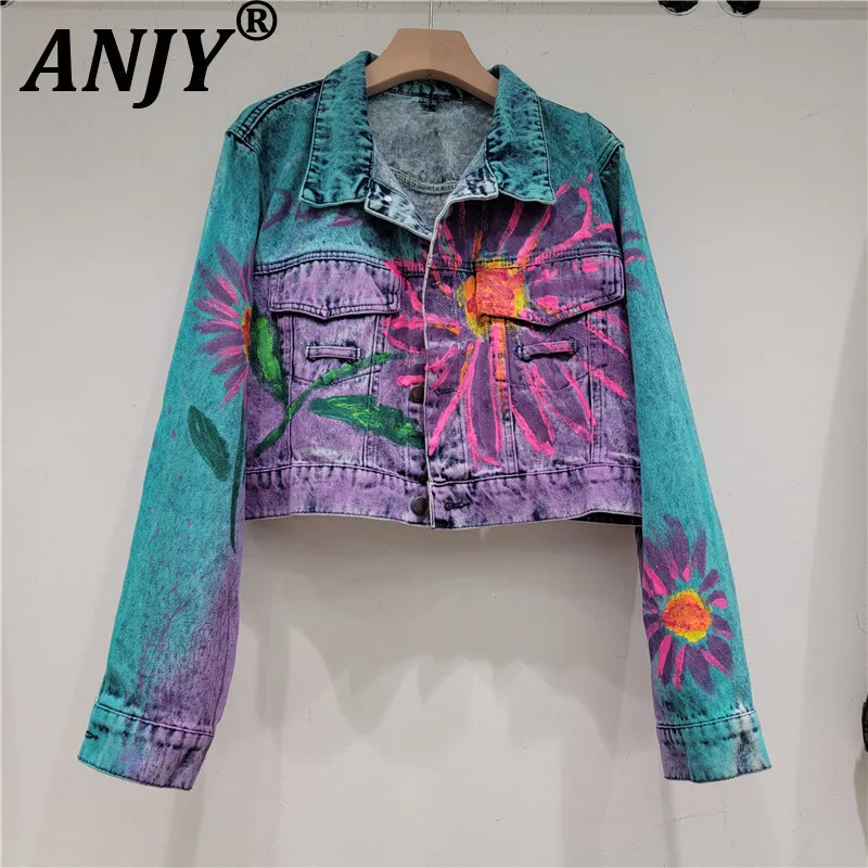 

ANJY Autumn New Women Denim Jacket Printed Contrast Color Turn-down Collar Single Breasted Streetwear Tide Chic Short Coat A9797