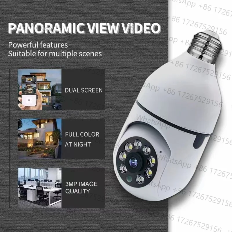 3MP 1296P Carecam APP Dual Screen E27 Lamp Head Socket PTZ IP Dome Camera Wireless Intercom Home Security CCTV Baby Monitor