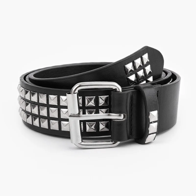 Punk Leather Belt Women Studded Pyramid Square Bead Pin Buckle European American Trendy Fashionable Goth Rock Niche Style