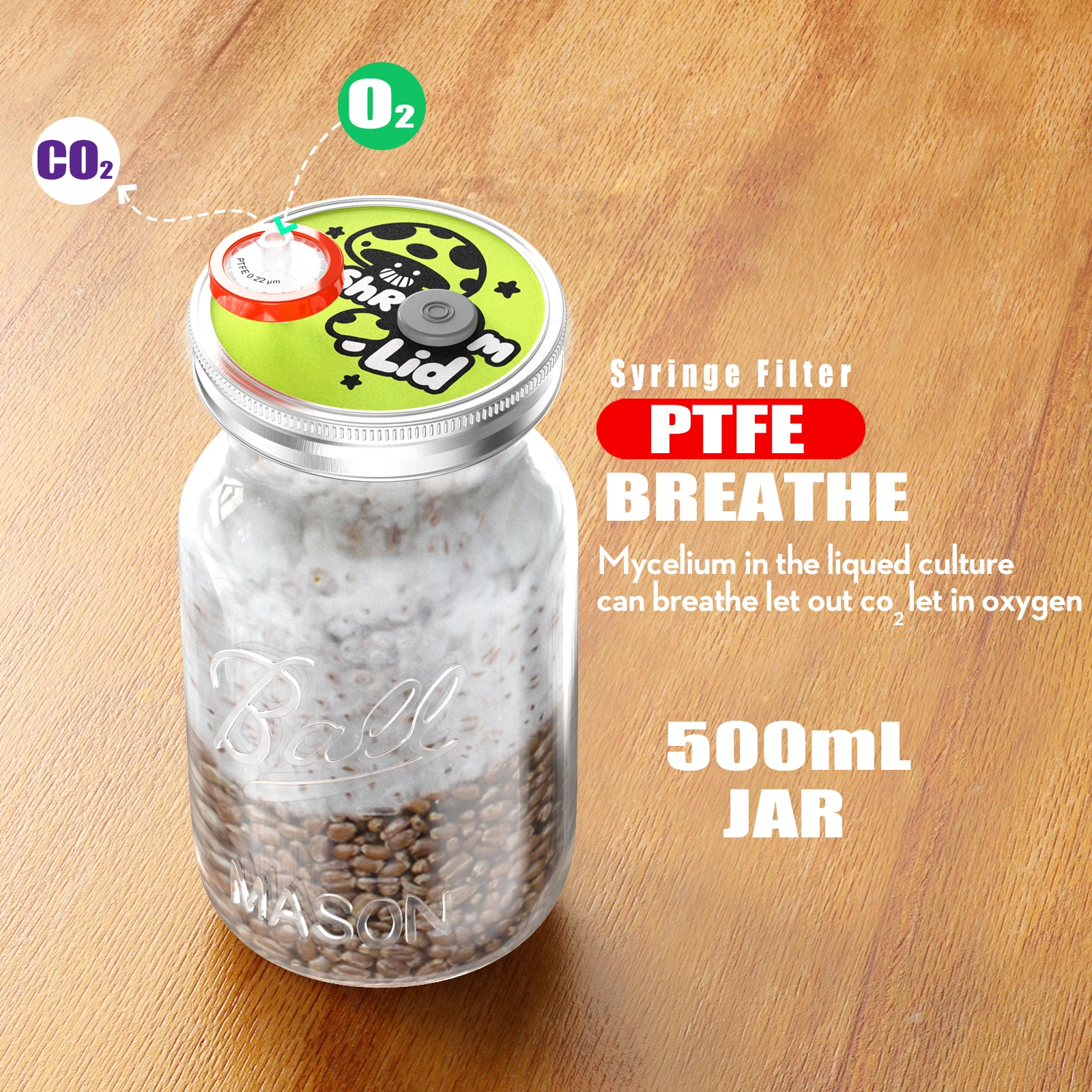 مجموعة زراعة الفطر، جرة ميسون 500 مل مع أغطية مقاومة للصدأ من النوع المنفصل، ومرشحات PTFE ومنافذ حقن ذاتية الشفاء