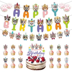 Cartoon Cat Happy Birthday Banner Hanging Swirls Cupcake Toppers Balloons for Animal Pet Theme Birthday Baby Shower Party Decor