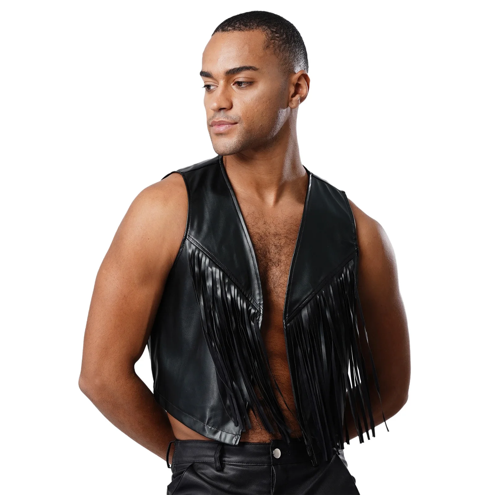

Mens Vintage Hippie Shiny Metallic Tassel Vest Top Western Cowboy Sleeveless Open Front Tank Top Waistcoat for Halloween Party