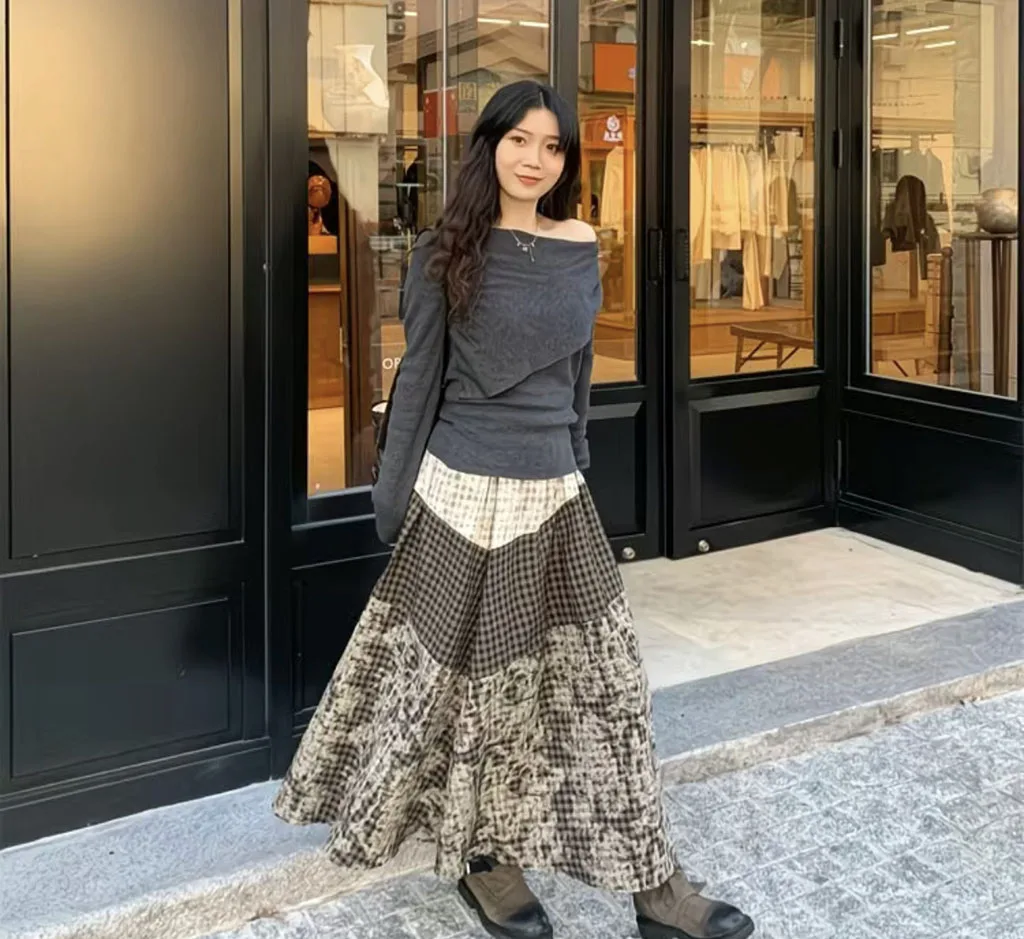 

2026 Модная винтажная женская юбка в клетку с высокой талией, А-силуэт, свободная, в стиле пэчворк, осенняя, в корейском стиле