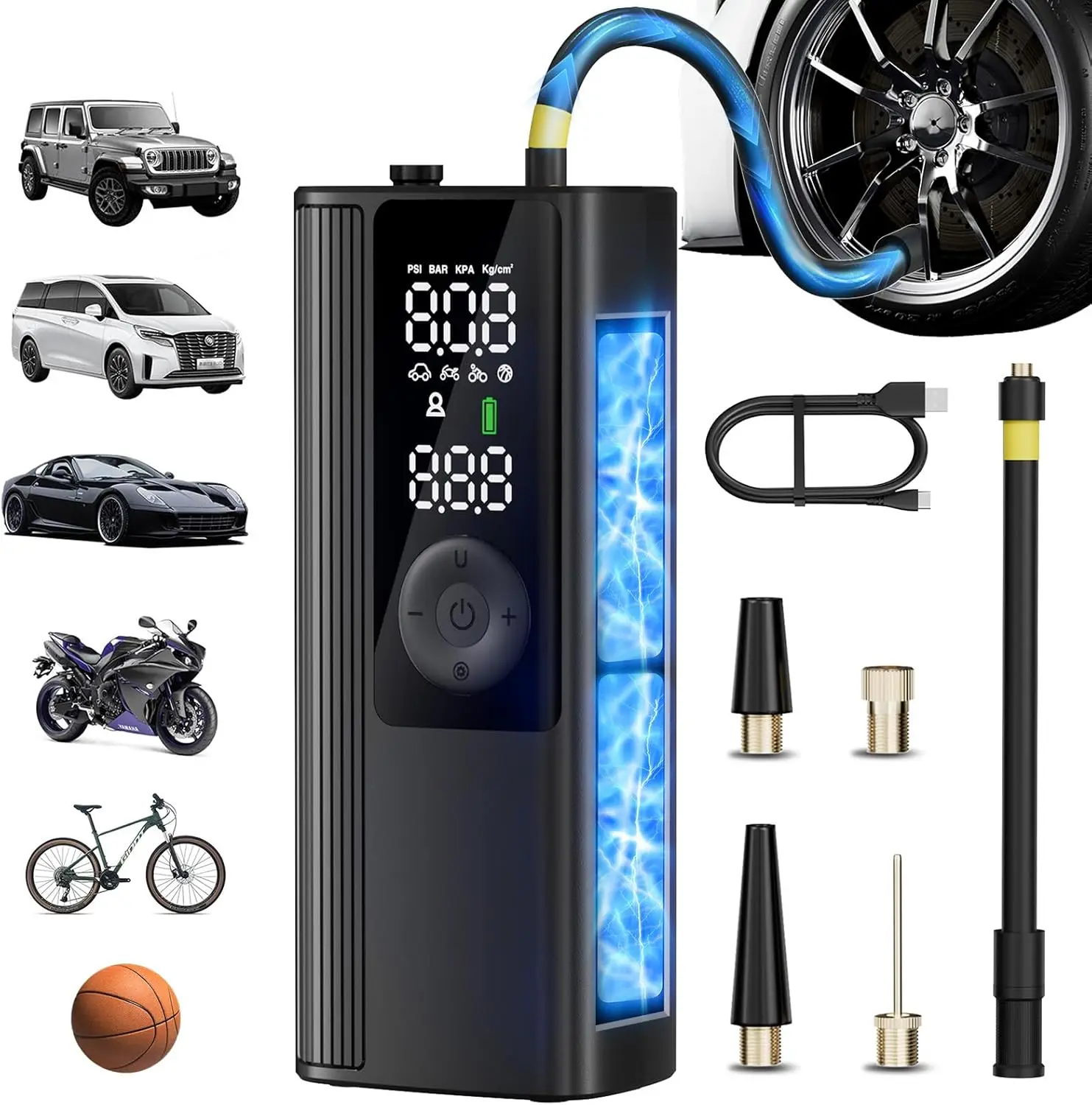 

Portable Tire Inflator 150 PSI with Digital Gauge, LED Light, Auto Shut-Off for Car, Motorcycle, Bicycle