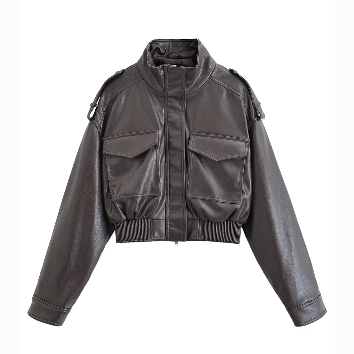 Women Autumn Winter Vintage Faux Leather Jackets Coat Pockets Loose Stand Collar Long Sleeve Zipper Coat Lady Chic Jacket