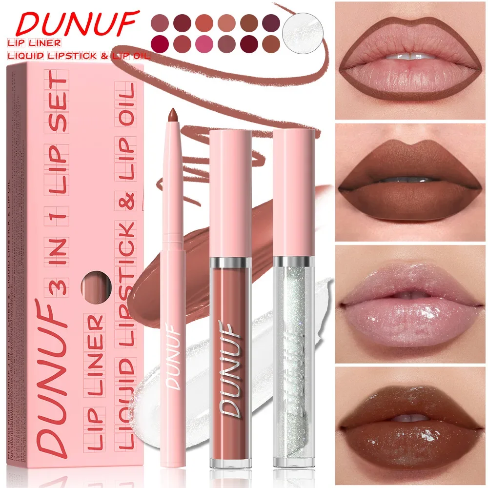 DUNUF Liquid Lipstick & Lip Liner & Lip Oil 3-w-1 Kit Długotrwały wodoodporny zestaw kredki do ust nieprzywierającej do kubka i zapobiegającej rozmazywaniu