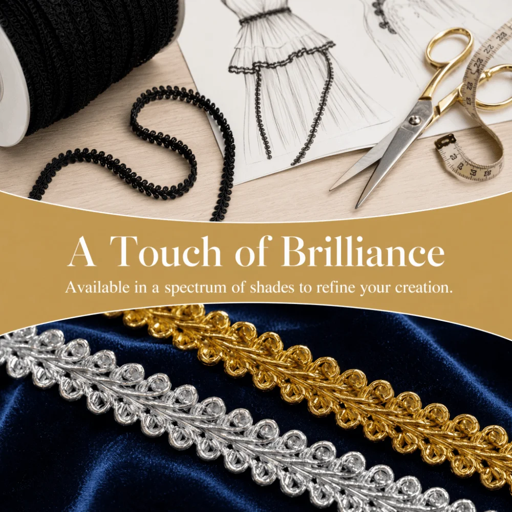 42M Length 8mm Width Herringbone Lace Trim Centipede Design Herringbone Grain Flat Weave Ribbon Flat Weave Gold Silver Tone