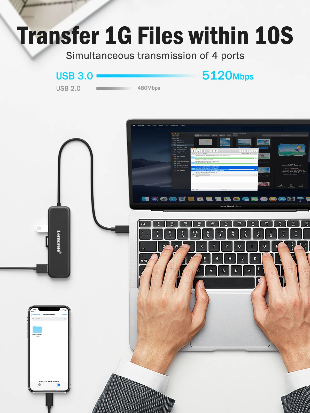 Lemorele USB 3.0 HUB 4 in 1 Type C Adapter 4 Ports Slot USB C Hub USB Hub 3.0 High Speed For Laptop Windows Mac