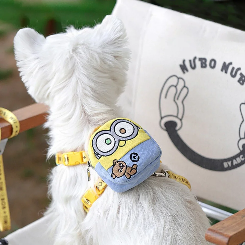 Correa para mochila para mascotas Minions, bolsa para aperitivos con cremallera desmontable, chaleco con arnés suave ajustable con bolsa de almacenamiento para perros pequeños que caminan
