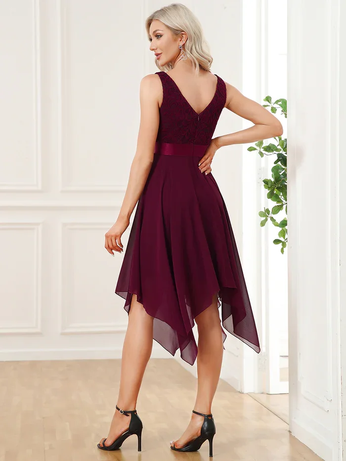 Ever-Pretty Deep V-Neck Lace Chiffon Bridesmaid Dress with Asymmetrical Hem