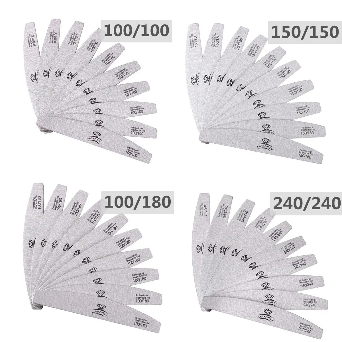 100Pcs Zebra Nail Files Set Makartt Washable Double-Side Emery Board 150/150,100/100 Grit Half Moon Nail Buffering Files