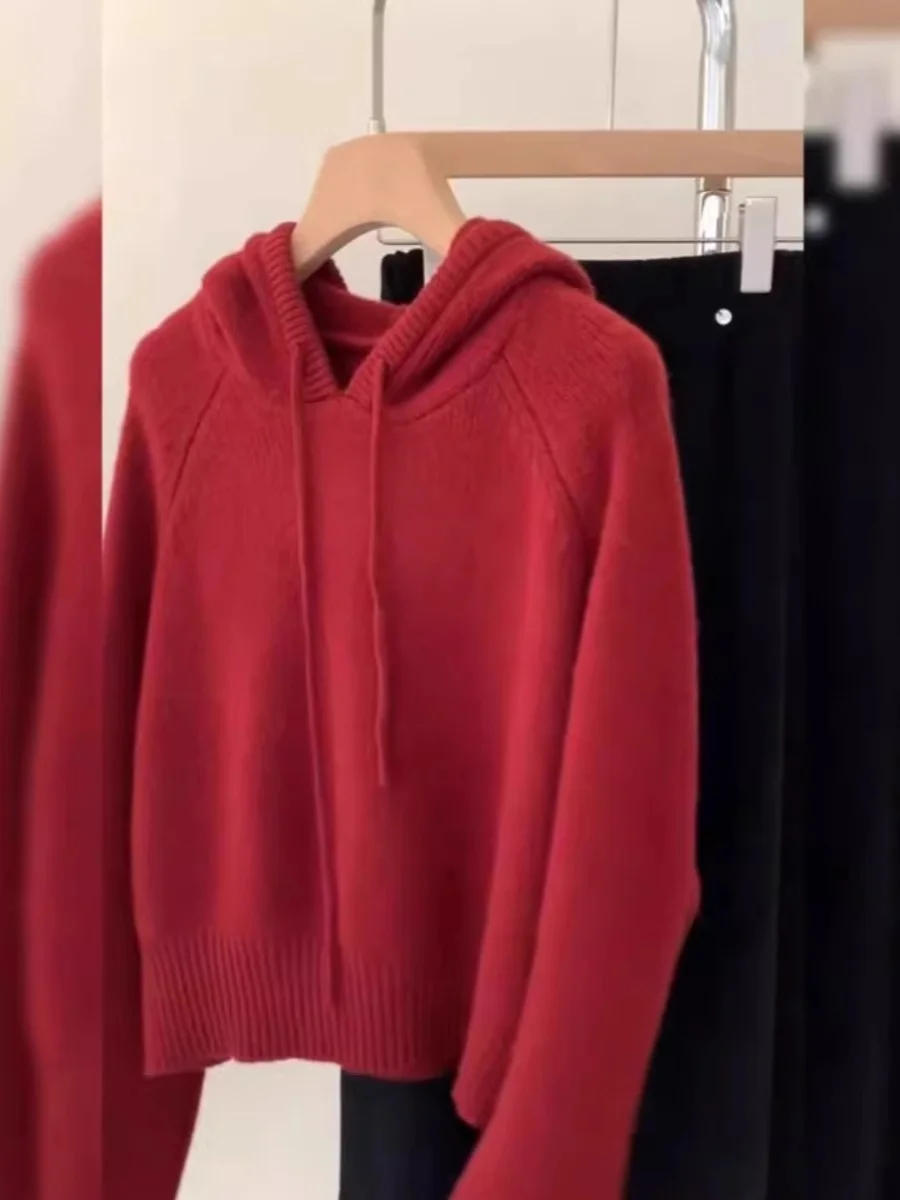 

Wine Red Hoodie Women's Autumn Winter Loose Knitted Sweater Fashionable European Style Long Sleeve Crew Neck Sweatshirt