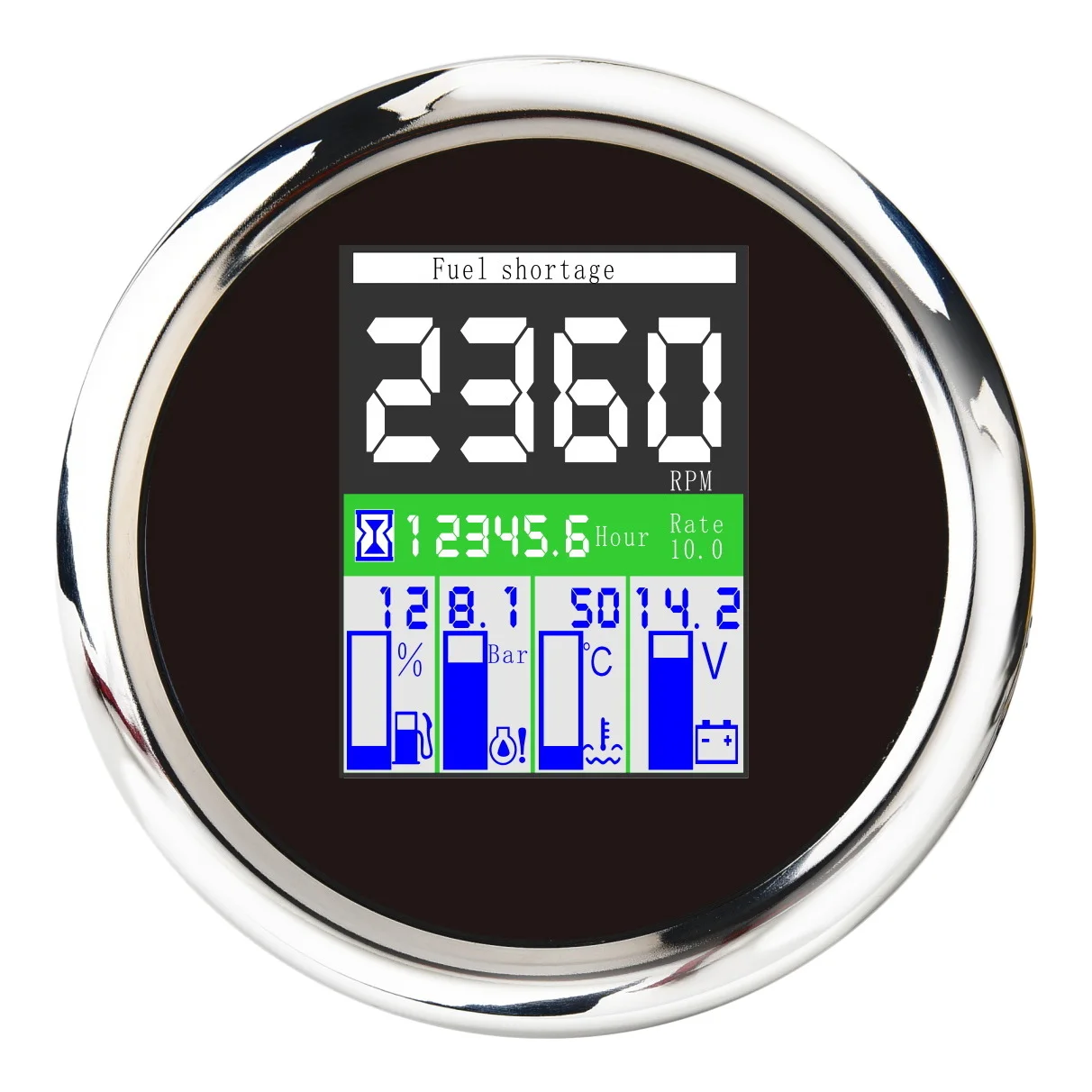 85MM 5-in-1 Multi-Functional Digital Tachometer Fuel Level Water Temp Oil Pressure Gauge Voltmeter Hourmeter Alarm Black