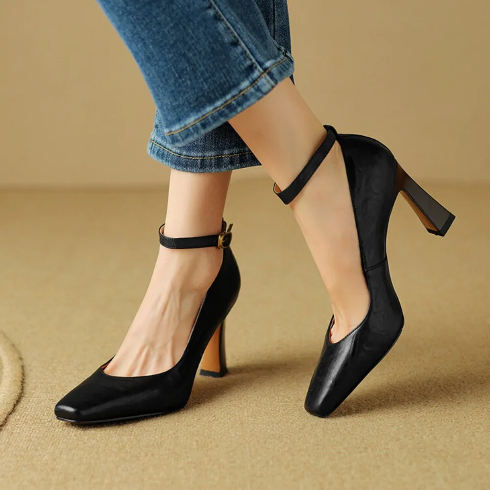 Genuine Leather Vintage High Heel Pumps Women Elegant Square Toe Mary Jane Shoes Woman Ankle Buckle High Heeled Shoes Female