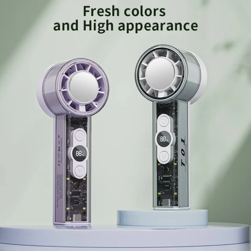 

Transparent Mecha Semiconductor Cooling Fan 100 Speed Cold Compress Turbo Motor LED Display Portable Handheld Fan For Office