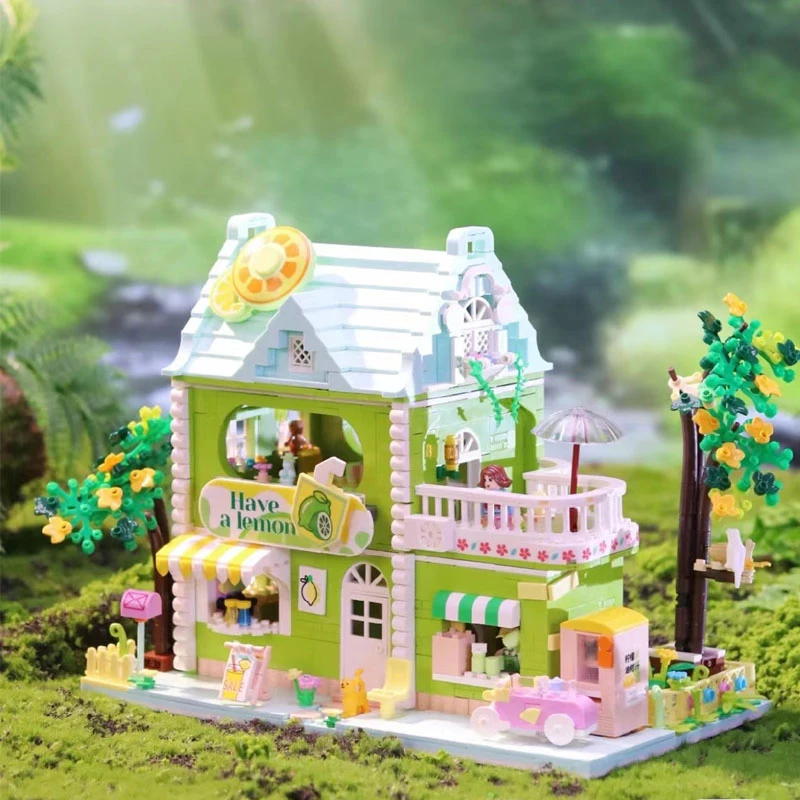 1500PCS Creative Lime Tea Shop and Chocolate Workshop Building Blocks City Street View MOC Brick Educational Toys Gifts For Kid