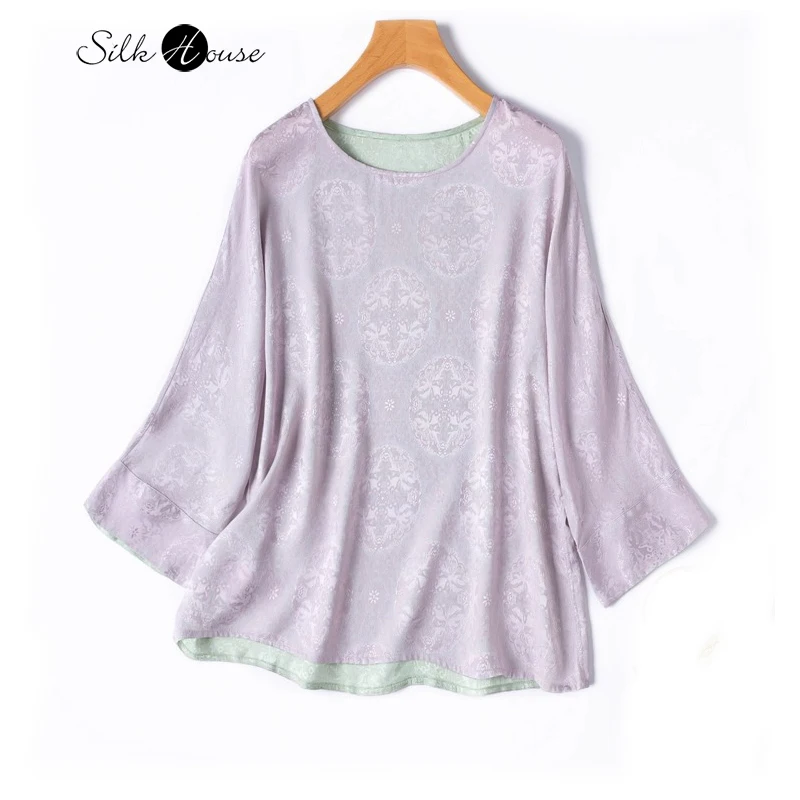 Elegant Pink Purple 100% Natural Mulberry Silk Jacquard Flower Rose Seven Sleeve Women's Fashion Round Neck Double Sided T-shirt