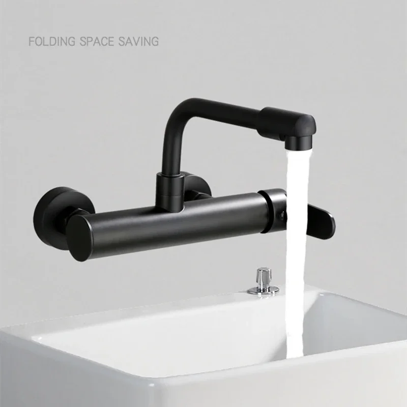 Brass Black Kitchen Faucets 360 Rotate Dual Hole Wall Mounted Silver Bathroom Faucet Cold Hot Water Folding Crane Sink Mixer Tap
