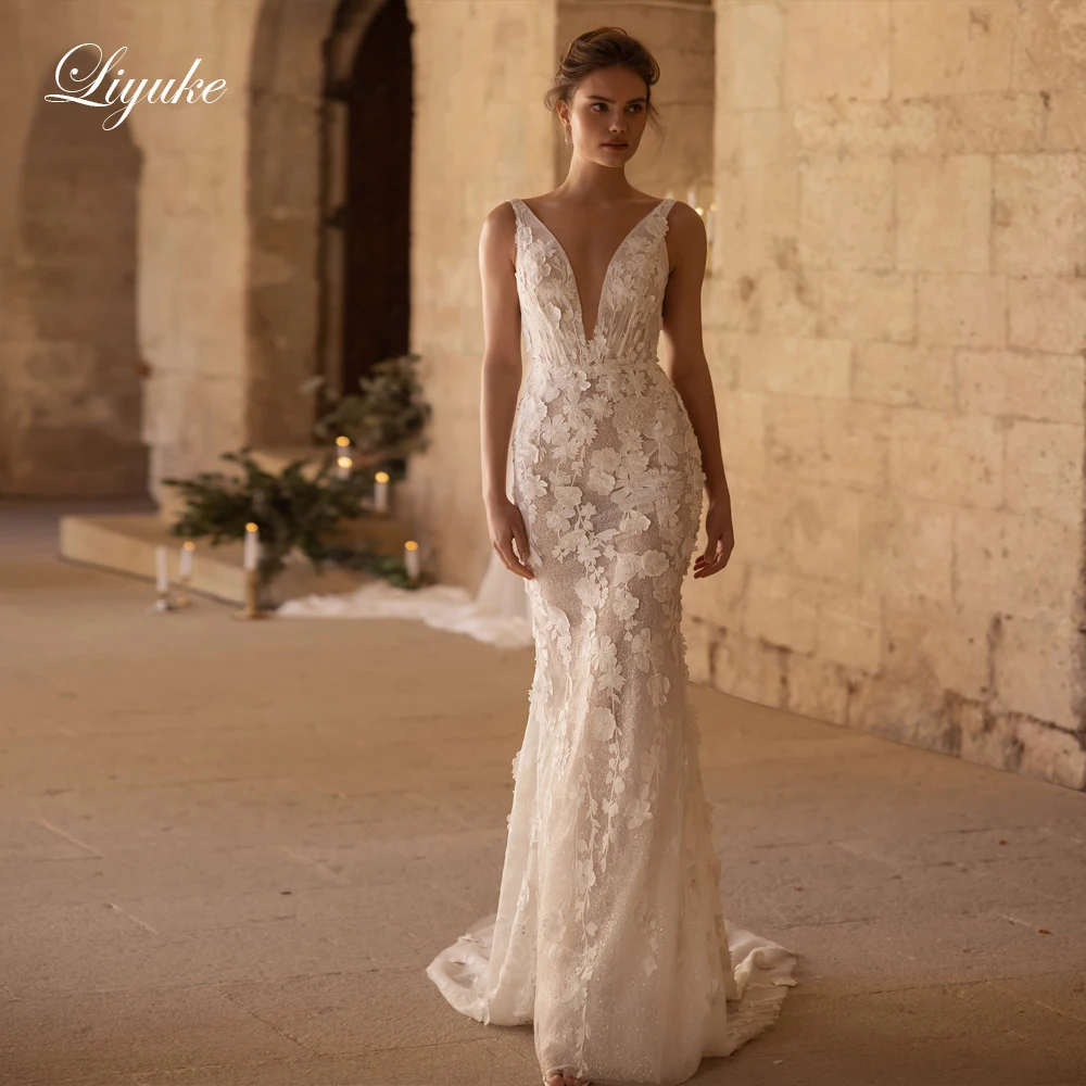 

Liyuke Elegant V-Neck Mermaid Wedding Dress Floral Prints Appliques Lace Sleeveless Backless Trumpet Bridal Gowns