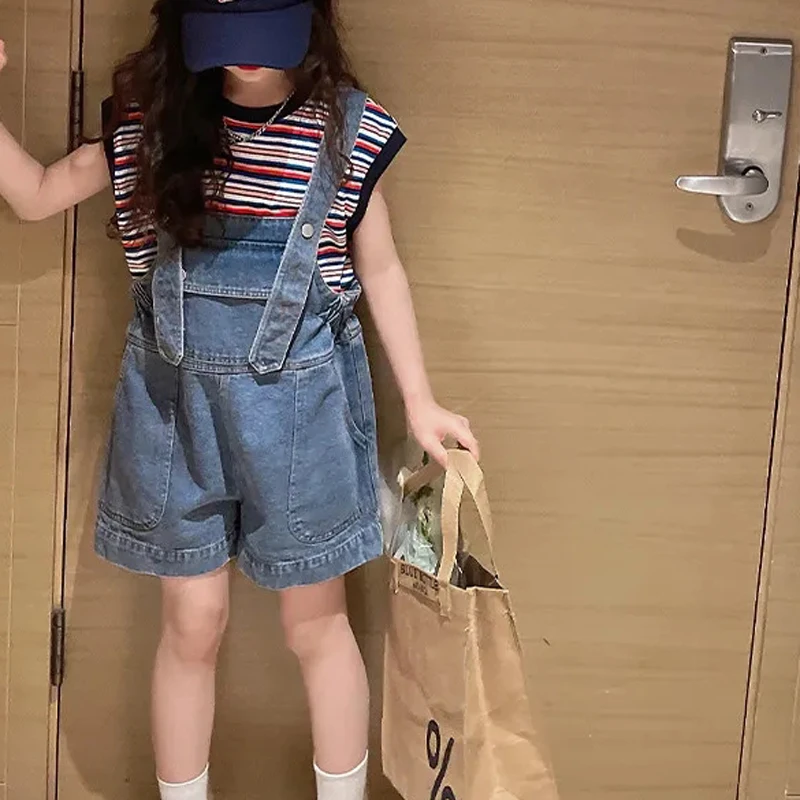 Middle Big Children's Loose Denim Overalls Shorts Girls Mid-rise Overalls Children's Casual Shorts Summer Thin Suspenders