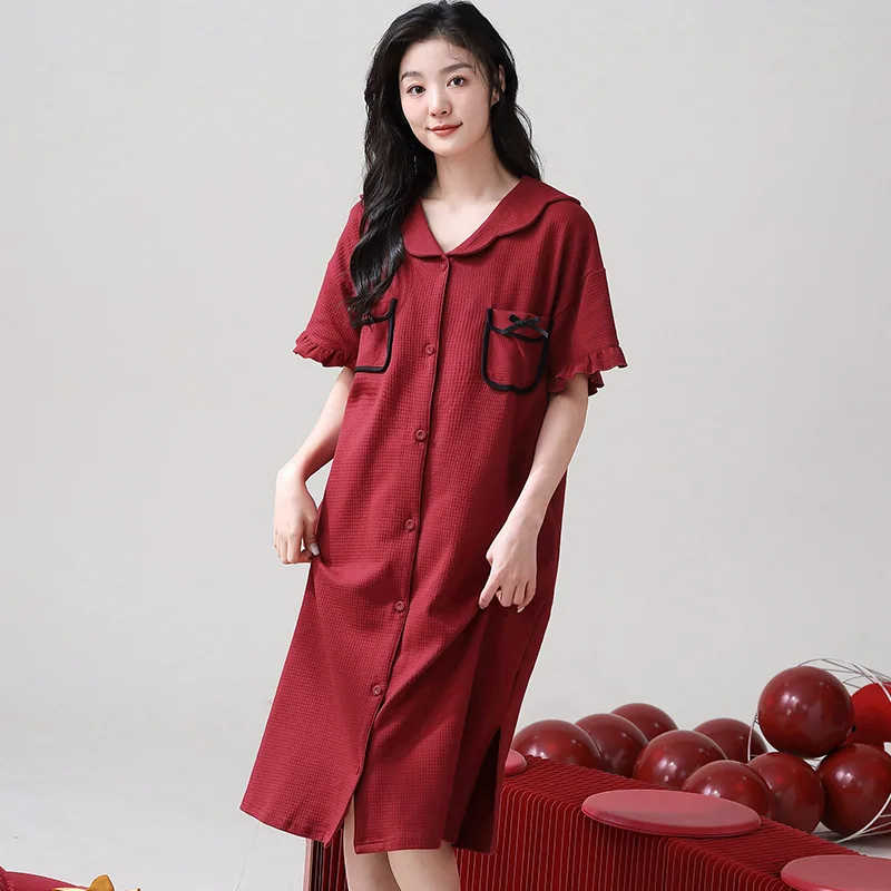 

Pajama Dress For Women's Summer New Pure Cotton Short Sleeved Red Simple Medium Length Home Wear Knot Wedding Female Frock V-nec