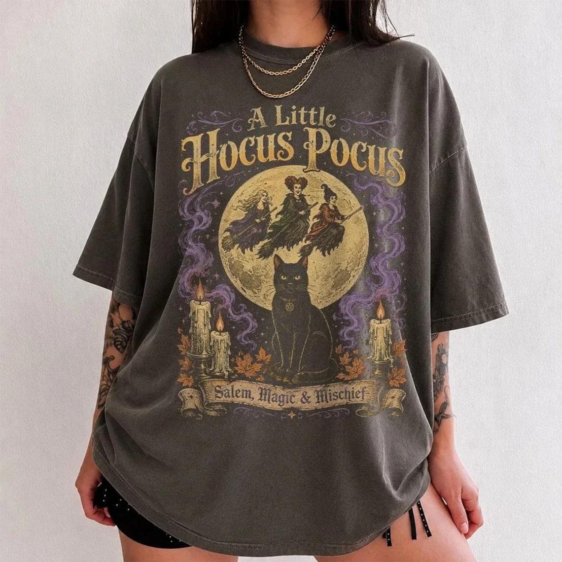 Y2K Vintage Washed A Little Hocus Pocus T Shirt Unisex Halloween Witch Black Cat Graphic Tee Casual Oversized Short Sleeve Top