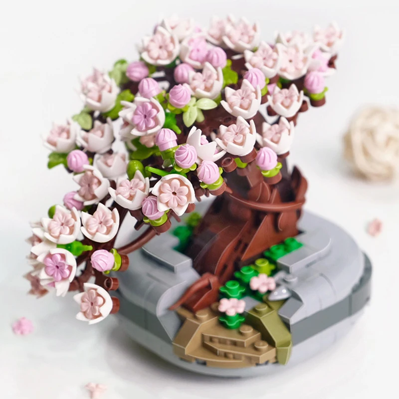 Mini bloques de construcción ramo de flores de cerezo suculentas modelo en maceta decoración DIY ensamblado bloque de flores regalo de juguete para