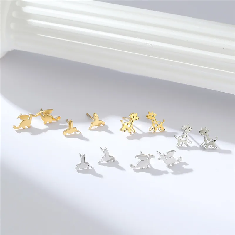 3Pairs/Set Vintage Stainless Steel Dinosaur Bird Earring Cute Giraffe Ear Jewelry Cool Girls Party Fashion Earrings Accessories