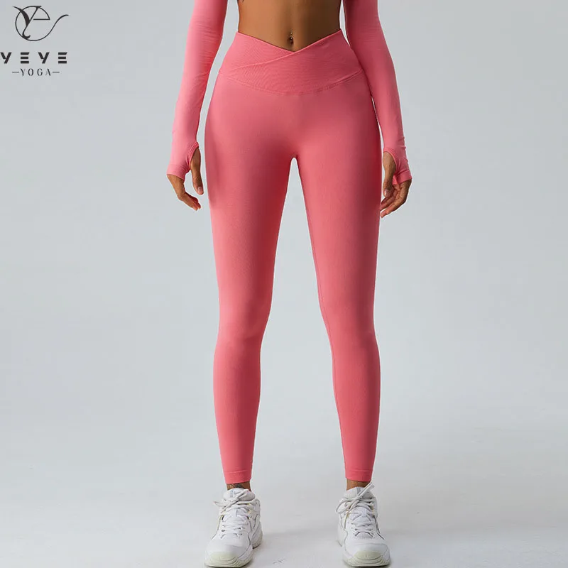 

Women Seamless Cross Waist V Cut Yoga Leggings High Waist Running Workout Pants Compression Sport Leggings