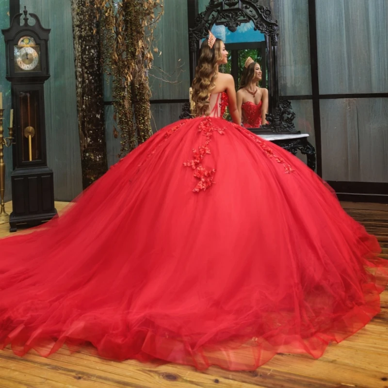 赤い光沢のあるキンセアニェーラドレス、オフショルダー、アップリケフラワー、ビーズ、クリスタル、チュール、パーティー、誕生日、スイート16ドレス、ベスティドス15デ