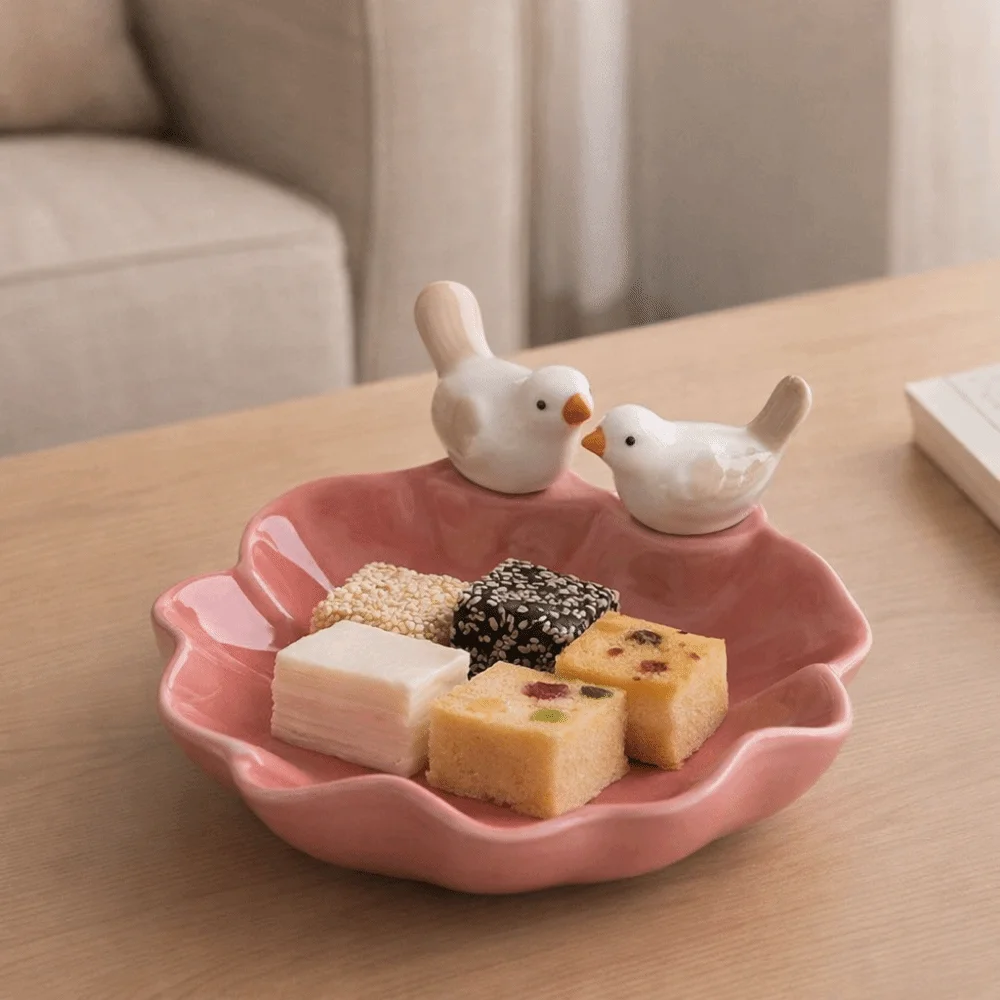 Decorative Handmade Bird Shaped Pastry Plate Cute Exquisite Ceramic Dessert Plate Floral Necklace Ring Storage Tray Vanity