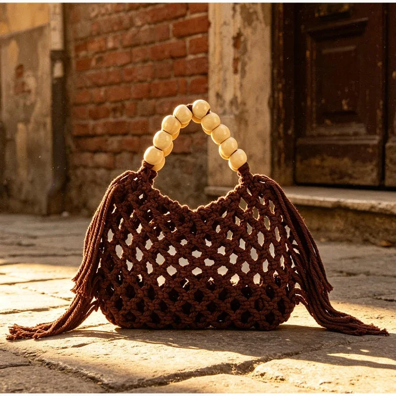 Boho Häkel-Handtasche mit Aushöhlungen und Quasten, Holzperlen-Griff, Gewebte Strandtasche, Sommer-Urlaub Strohtasche, Damen Casual Schultertasche – Detail 17