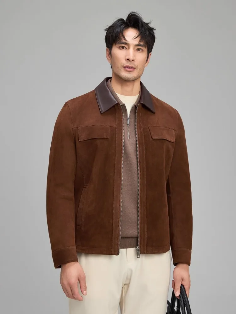 Top Quality Mens Autumn Real Suede Leather Jacket Business Man Office Work Slim Fit Natural Leather Coat Warm Goose Down Jacket