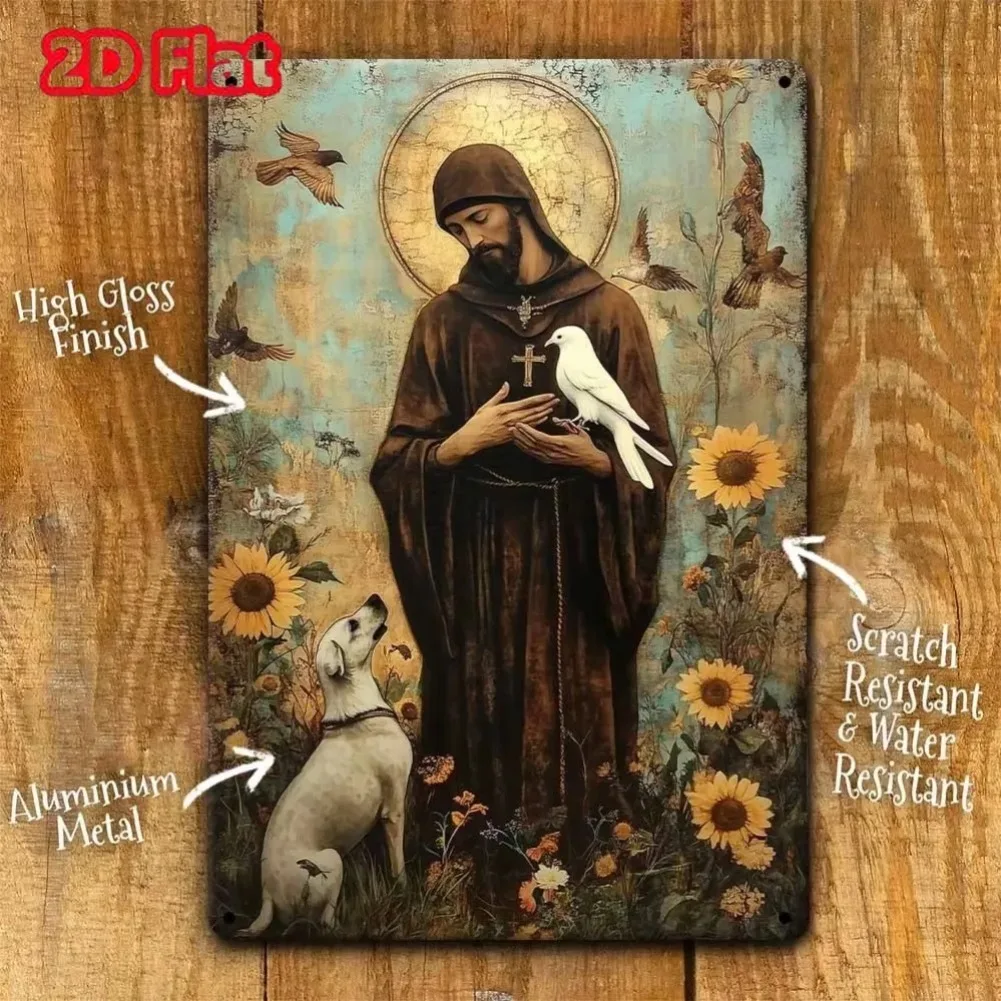 1 x rustikales Metall-Wandschild „Saint Francis & Animals“ – wetterbeständiges christliches Dekor für Zuhause und Kirche