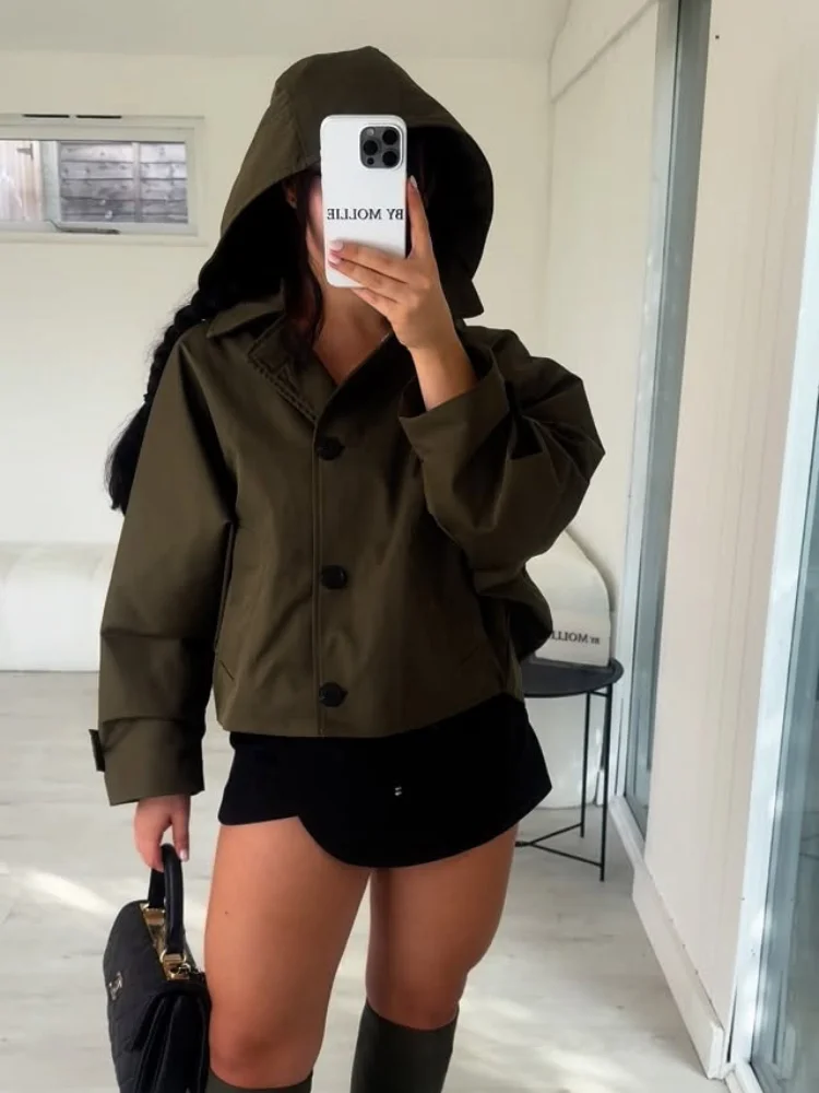 

Однотонный тренчкот со съемным капюшоном, женская модная куртка с воротником-стойкой, тонкая однобортная куртка с длинными рукавами, повседневная верхняя одежда для женщин