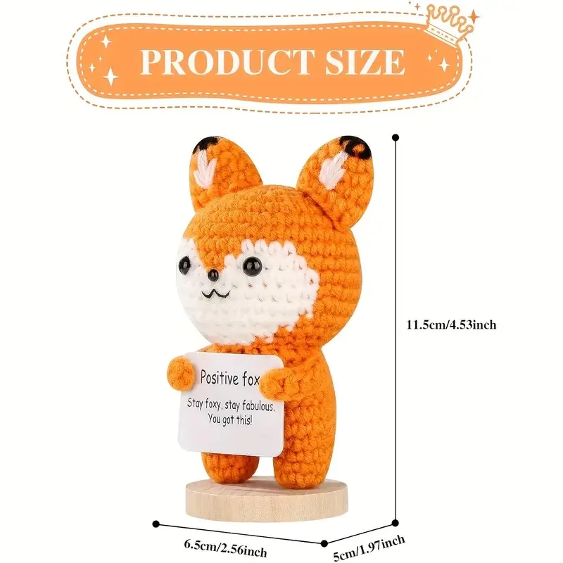 Handmade Crochet Positive Fox Figurine with Inspirational Message Card Cute Orange and White Knit Fox for Home Emotional Support