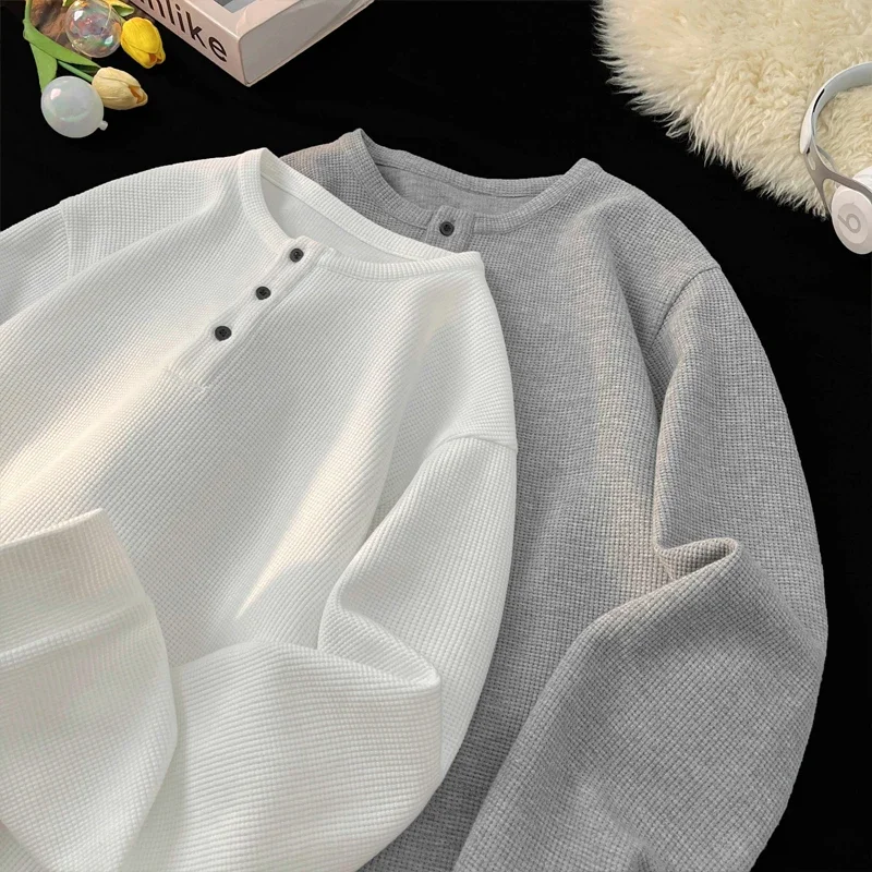 Male Streetwear Waffle Knit Pullover Long Sleeve Round Neck Button Placket Suitable For Dating Weekend Outdoor Activities