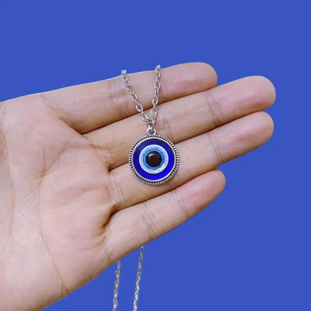 Classic Fashion Evil Eye Round Silver Color Edge Banding Blue Eyes Pendant Necklace for Women Men Amulet Collar Chain Jewelry