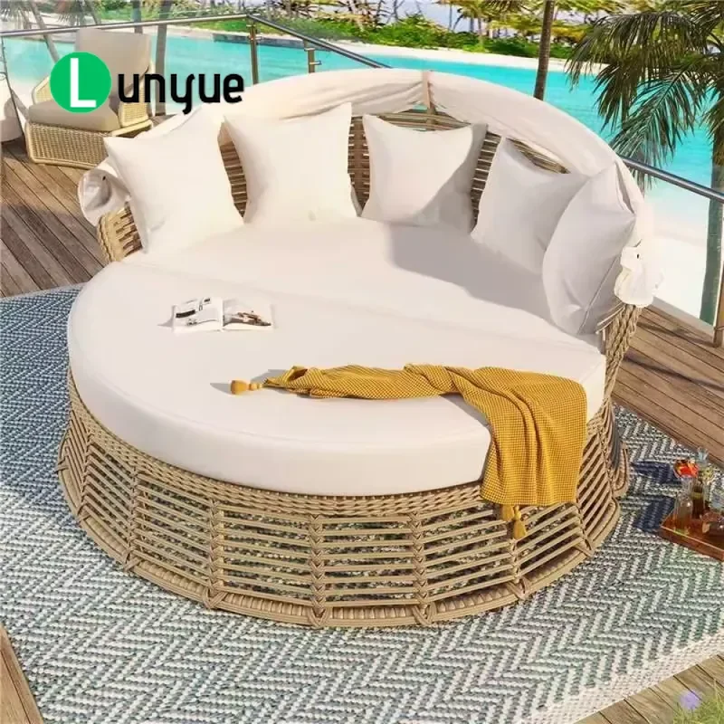 M Round Wicker Patio Lounge with Canopy Outdoor Rattan Sunbed Poolside Leisure Sofa Bed for Garden Relaxation