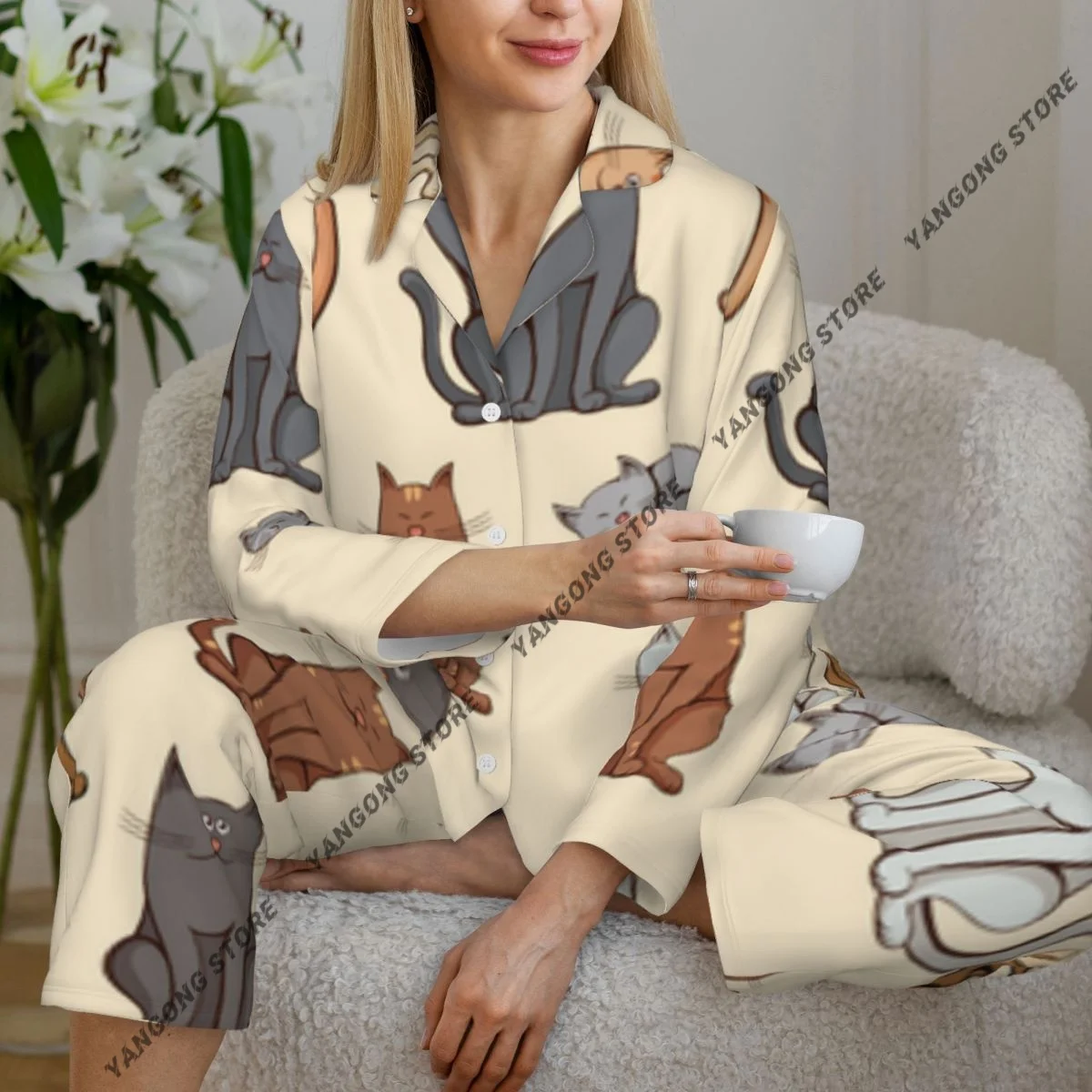 

Spring and Autumn Long Sleeve Pants Pajamas Loungewear Set Various Cats Pattern Women's Pull Edge Loose Sleeping Suit