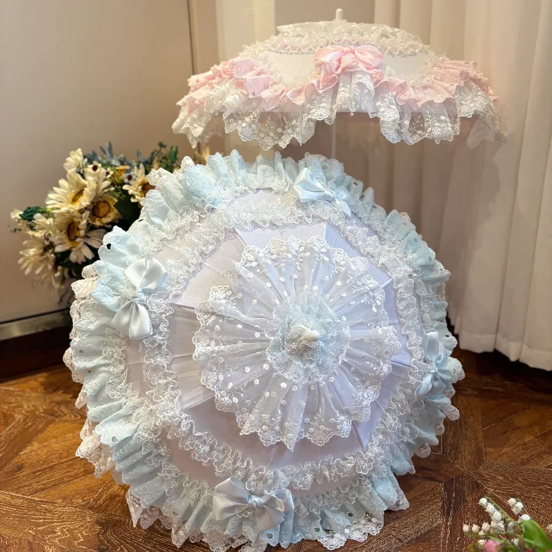 Lolita Handmade Parasol Light Blue Lace Pearl Bow Umbrella, Wedding Bridal Tea Party Cosplay Photography Prop