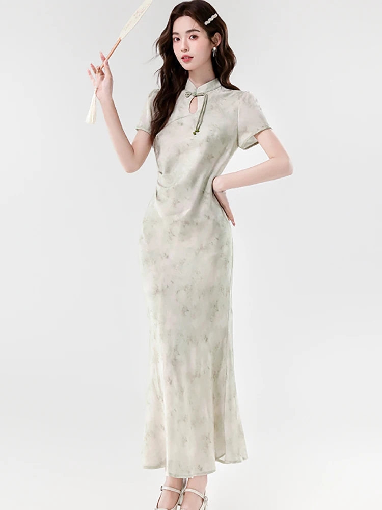 Zomer Groene Print Stand Kraag Cheongsam Jurk Vrouwen Elegante Luxe Verstoorde Maxi Jurk 2025, Koreaanse Vintage Bodycon Feestjurk